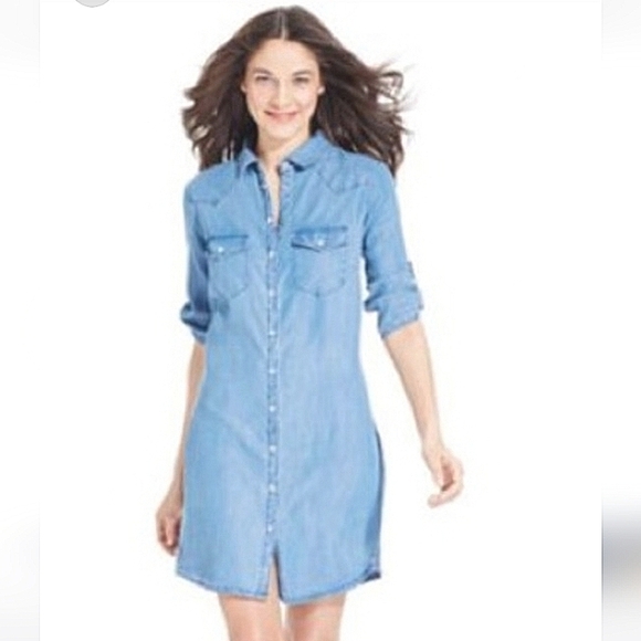 PHILOSOPHY Denim Tencel Button Down  Shirt Dress In Light Blue. Size Small - Picture 14 of 14